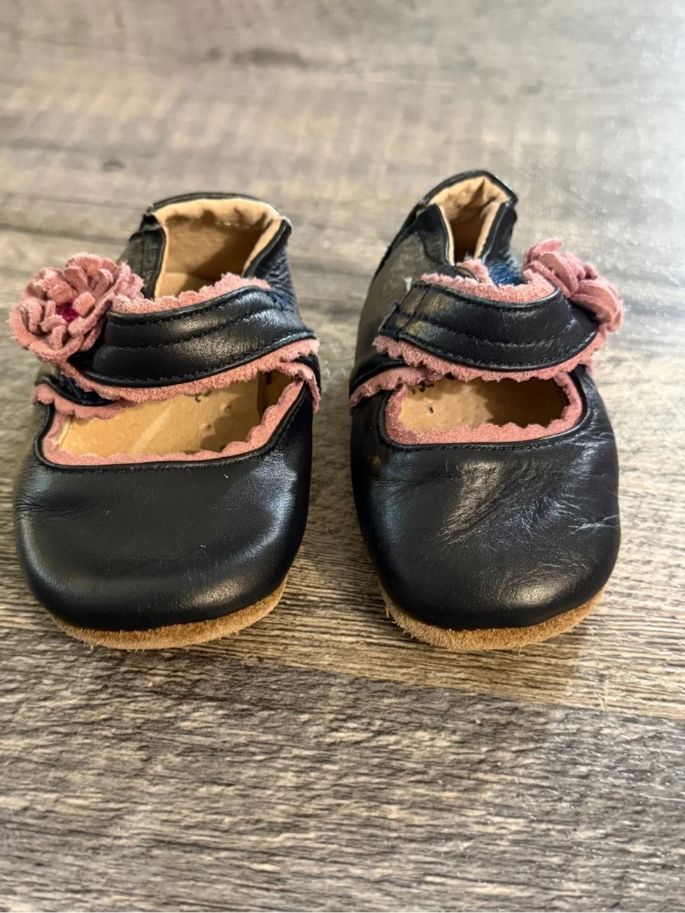 Livie & Luca Black Mary Jane Baby Shoes with Pink Trim and Flower